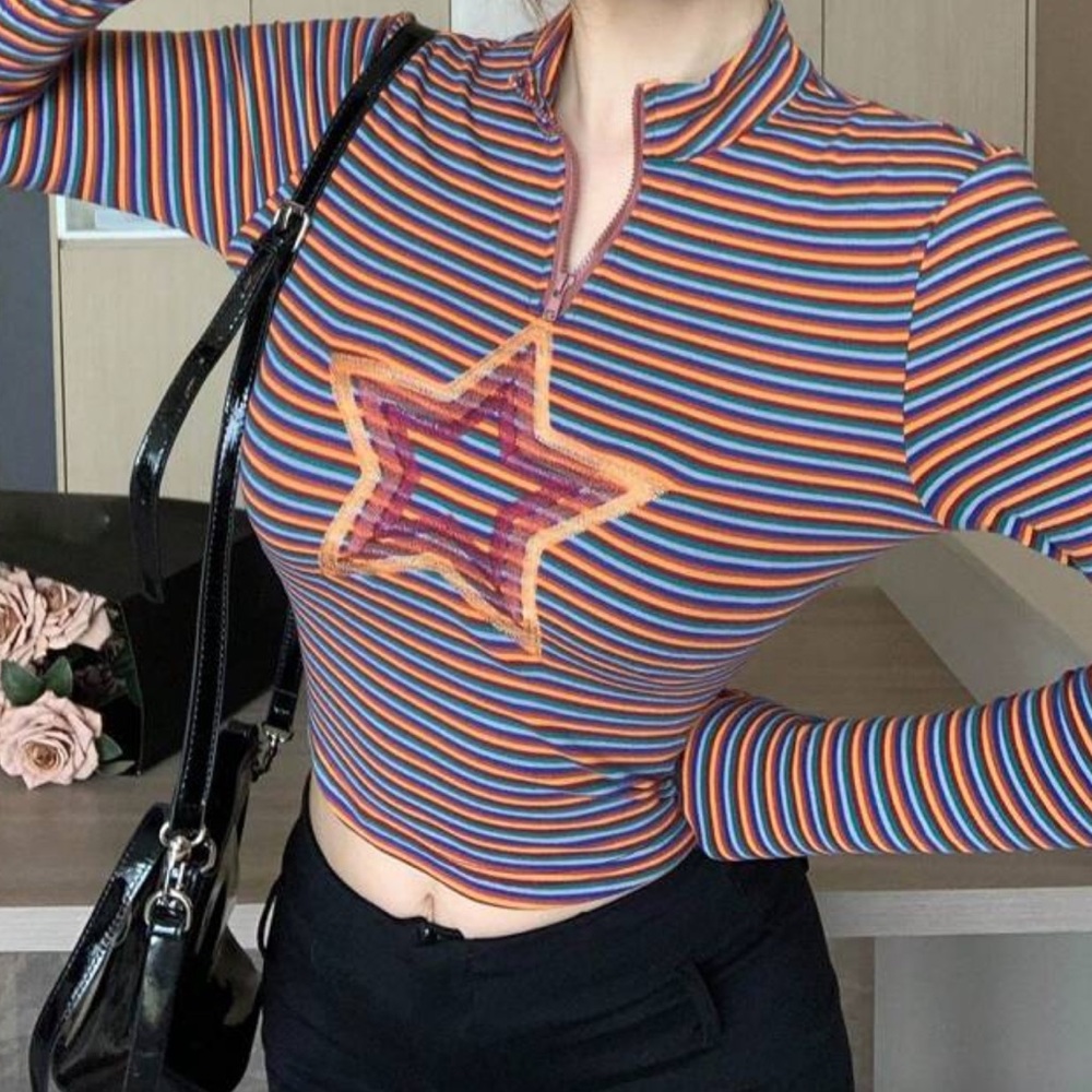 Colorful Striped Star Long Sleeve Top